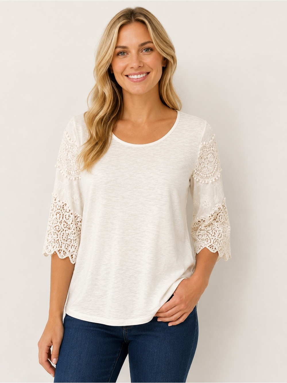 Talbots Petite LP White Crochet Lace Sleeve Cotton Top